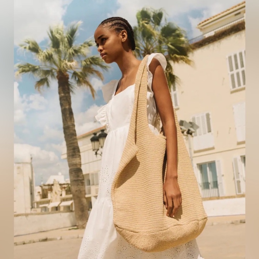 Mango Large Woven Tote Bag in Natural Beige